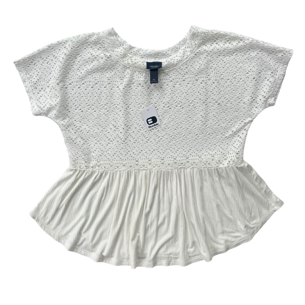 Buckle Daytrip Women’s XS Cream Short Sleeve Babydoll, Crochet Peplum Top Blouse